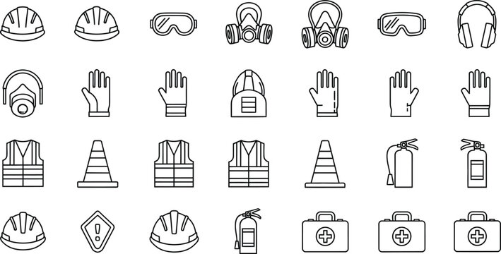 Personal protective equipment PPE safety icons set featuring hard hats goggles gloves and fire extinguishers in line art vector style.