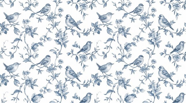 Blue bird pattern, bird wallpaper, seamless design, floral background