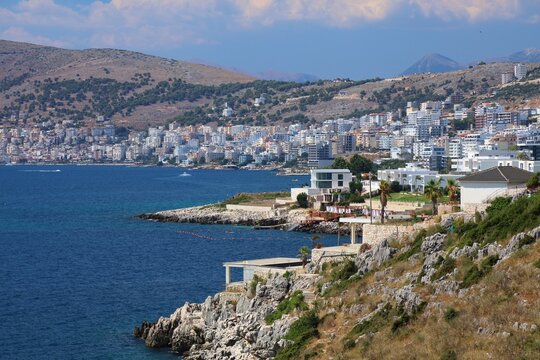Sarande city view with Ionian Sea. Summer in Sarande, Albania.