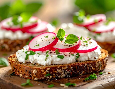 Vollkornbrot mit Kr&auml;uterquark und Radieschen