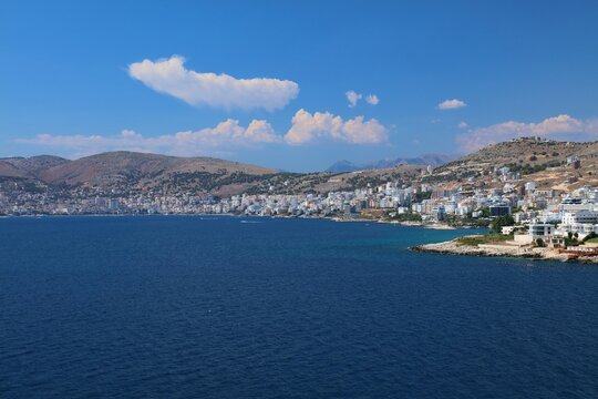 Sarande city view with Ionian Sea. Summer in Sarande, Albania.