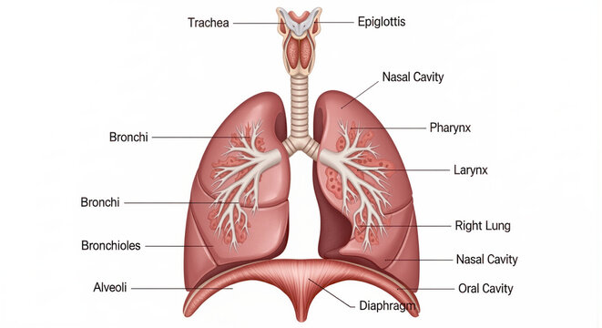 Detailed human respiratory system anatomy with labeled parts including lungs trachea bronchi and nasal cavity for educational purposes in medicine and healthcare.