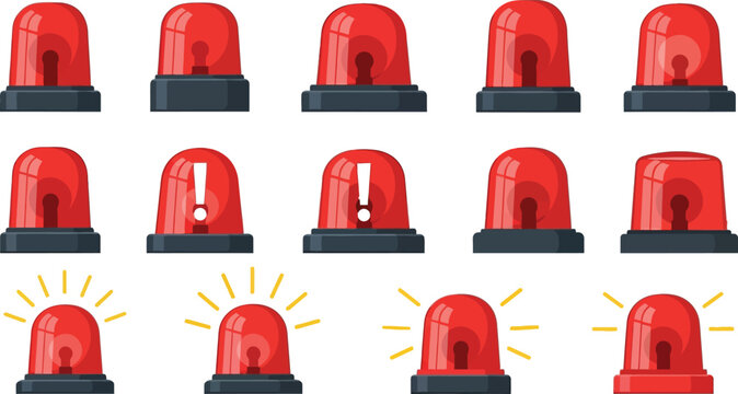 Red emergency siren icons set with flashing light effects and exclamation marks for warning alerts vector illustration