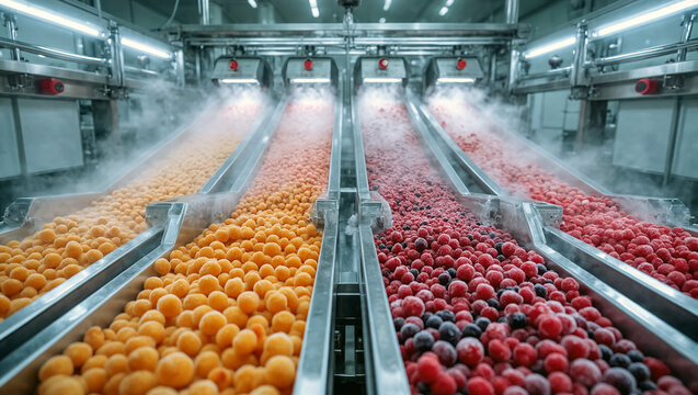 Frozen berries moving on conveyor chutes in automated industrial food factory