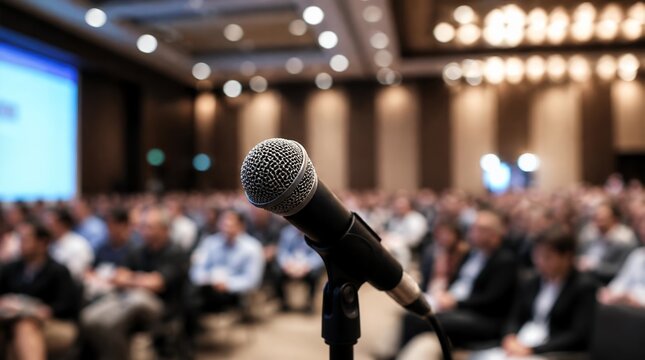 Close up of a microphone on a stand during a live event with a blurred audience.