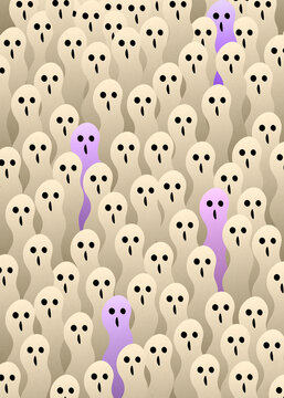 Unique purple ghost standing out in a crowd of beige ghosts