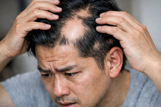A man is experiencing discomfort due to a hair loss problem. He has a bald patch on the back of his head and is holding his head while making an unpleasant expression.