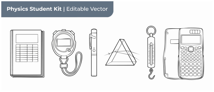 Physics student lab experiment equipment vector line icon set featuring notebook, stopwatch, laser pen, glass light prism, spring scale, and scientific calculator illustration for school education kit