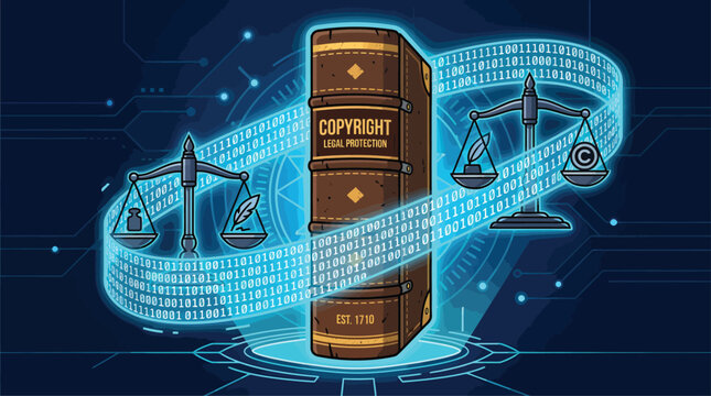 Digital Copyright Law Book Concept with Scales of Justice.
