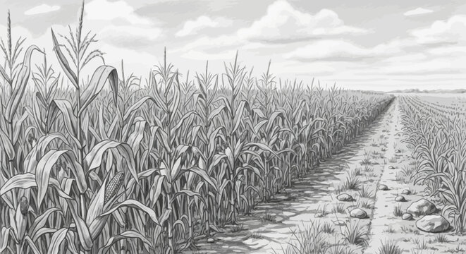 Detailed monochromatic pencil drawing of a vast corn field with a perspective dirt road stretching towards the horizon under a cloudy sky