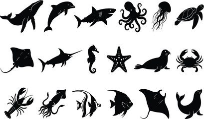 Marine Life Silhouette Collection Vector Set Featuring Ocean Animals Sea Creatures and Aquatic Wildlife IconsMarine Life Silhouette Collection Vector Set  © Prema's World
