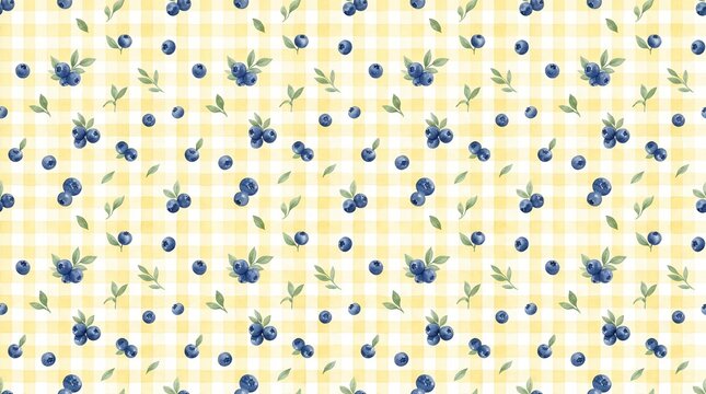 Yellow gingham floral pattern, blue flowers, green leaves, seamless texture, fabric design