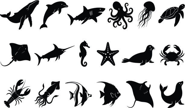Marine Life Silhouette Collection Vector Set Featuring Ocean Animals Sea Creatures and Aquatic Wildlife IconsMarine Life Silhouette Collection Vector Set 