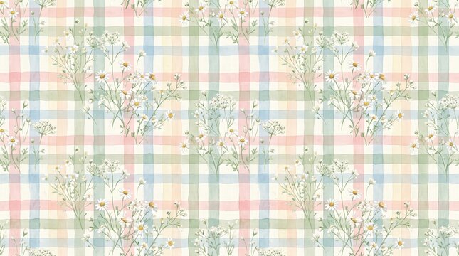 Pastel plaid pattern, floral design, seamless texture, colorful fabric print