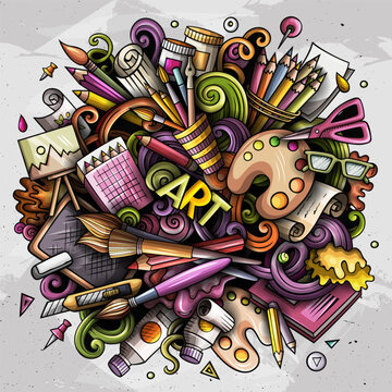 Artist cartoon doodle illustration. Funny Art design. Creative vector background. Artistic elements and objects. Colorful composition
