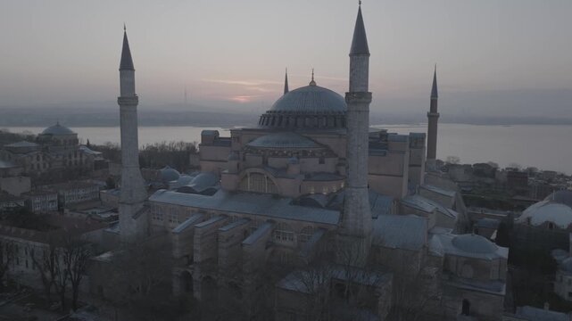 Drone view of Hagia Sophia in Istanbul, Turkey. The iconic monument showcases centuries of Byzantine and Ottoman architectural heritage.