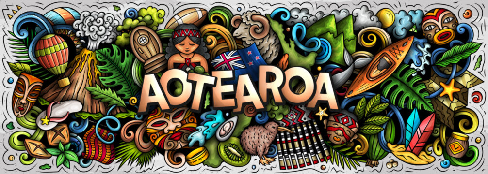 Aotearoa, New Zealand vector illustration with nature, Maori culture, mountains, beaches, wildlife and adventure activities. Perfect for travel, tourism and holiday design projects