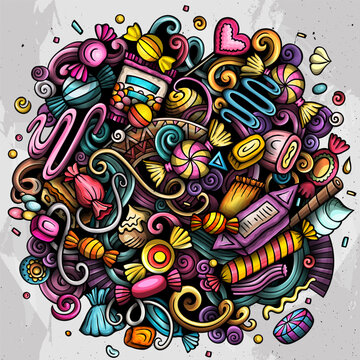 Cartoon vector Candies doodle funny illustration features a variety of sweet food objects and symbols. Bright and detailed confectionery elements composition