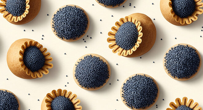 Watercolor pattern of poppy seed filled pastry cups on cream background