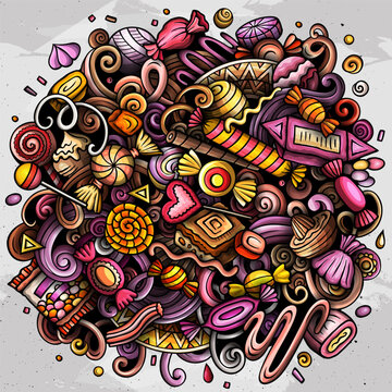 Cartoon vector Candies doodle funny illustration features a variety of sweet food objects and symbols. Bright and detailed confectionery elements composition