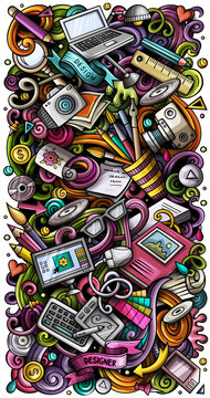 Design doodle vector illustration. Cartoon hand drawn colorful objects, symbols and elements about designer profession. Creative background vertical banner.
