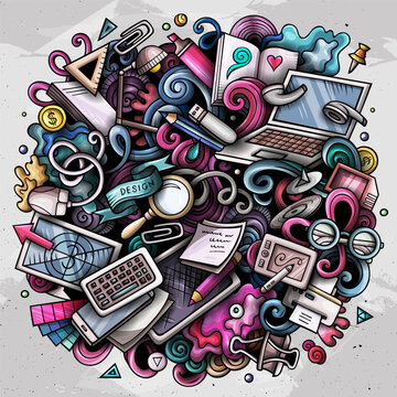 Art supplies and designer tools vector doodle illustration. Colorful hand drawn circular collage featuring a laptop, drawing tablet, pencils, and crafting instruments in a cartoon style.