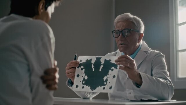 Waist up of senior Caucasian male psychiatrist showing Rorschach inkblot test card to patient during psychological evaluation. Footage is suitable for mental health awareness campaigns