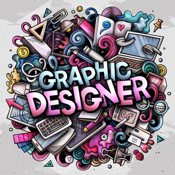 Graphic Designer text doodle vector illustration. Cartoon hand drawn colorful objects, symbols and elements about design profession background