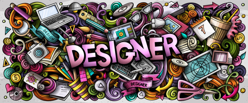 Designer doodle vector illustration. Cartoon hand drawn colorful objects, symbols and elements about design profession. Creative background banner.