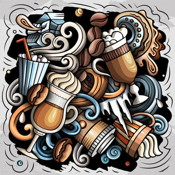 Vector doodle illustration of iced latte and cold coffee drinks with cups, beans, ice, milk, and cafe elements. Perfect for coffee shops, summer beverages, menus, packaging, and advertising