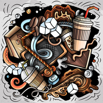 Vector doodle illustration of iced latte and cold coffee drinks with cups, beans, ice, milk, and cafe elements. Perfect for coffee shops, summer beverages, menus, packaging, and advertising