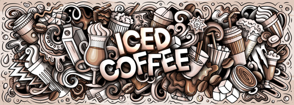 Vector doodle illustration of iced latte and cold coffee drinks with cups, beans, ice, milk, and cafe elements. Ideal for coffee shops, summer drinks, packaging, menus, and branding projects