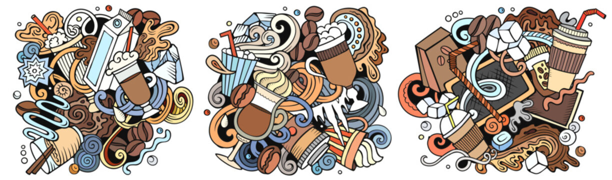 3D doodle cold coffee banner collage with colorful takeaway drinks, cups, beans and swirls, perfect for summer cafe menus, packaging, posters, branding. Vector illustration