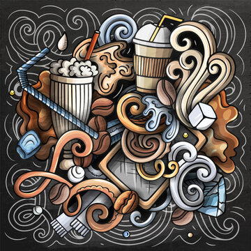 Vector doodle illustration of iced latte and cold coffee drinks with cups, beans, ice, milk, and cafe elements. Perfect for coffee shops, summer beverages, menus, packaging, and advertising