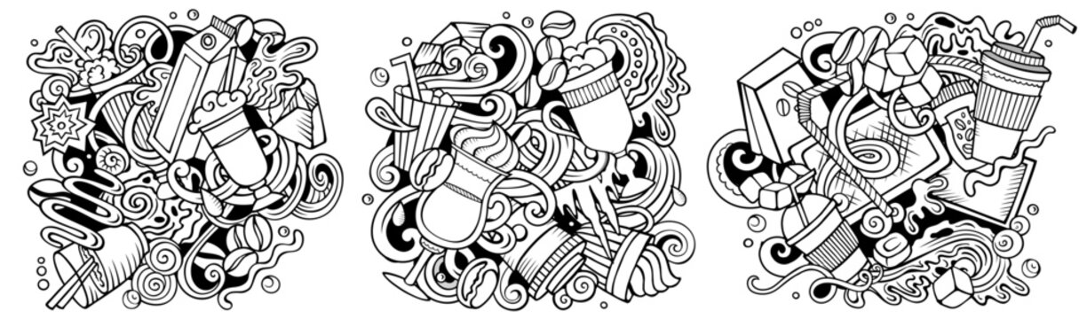 3D doodle cold coffee banner collage with colorful takeaway drinks, cups, beans and swirls, perfect for summer cafe menus, packaging, posters, branding. Vector illustration