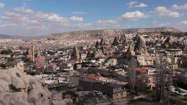 Drone view of G&ouml;reme, a historic town in Cappadocia famous for its fairy chimneys, cave houses and unique volcanic landscape.