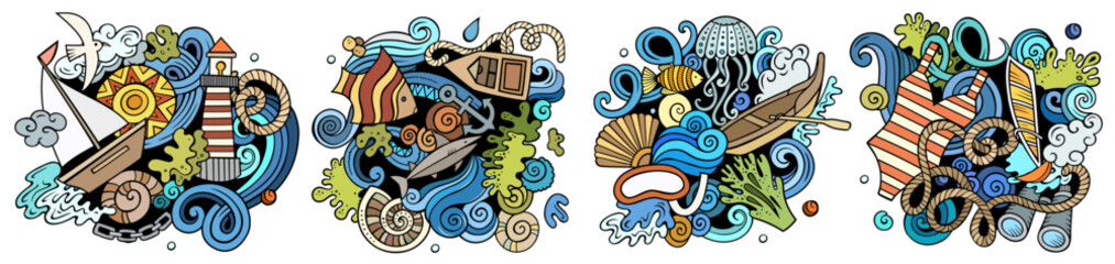 Naklejka premium Marine cartoon vector doodle designs set. Colorful detailed compositions with lot of maritime objects and symbols. Isolated on white illustrations