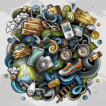 Travel and tourism cartoon doodle illustration. Vector hand drawn composition with transport, luggage, and vacation symbols in a chaotic circular design