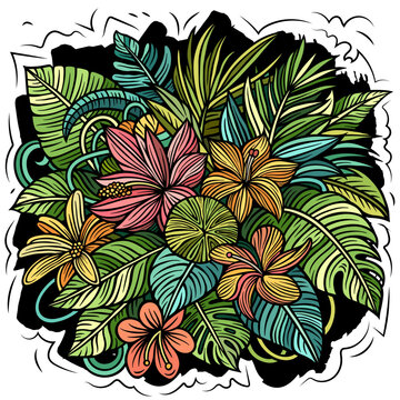 Vibrant tropical leaves illustration in a lush doodle style, featuring monstera and palm foliage arranged in a dense jungle composition isolated on white background.