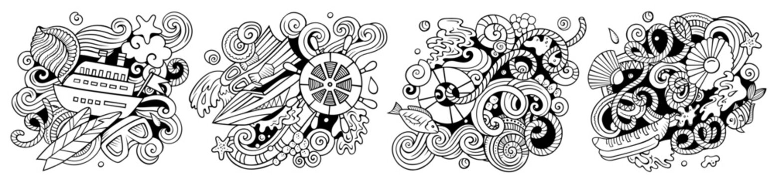 Marine cartoon vector doodle designs set. Line art detailed compositions with lot of maritime objects and symbols
