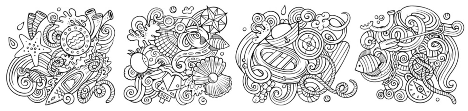 Marine cartoon vector doodle designs set. Line art detailed compositions with lot of maritime objects and symbols