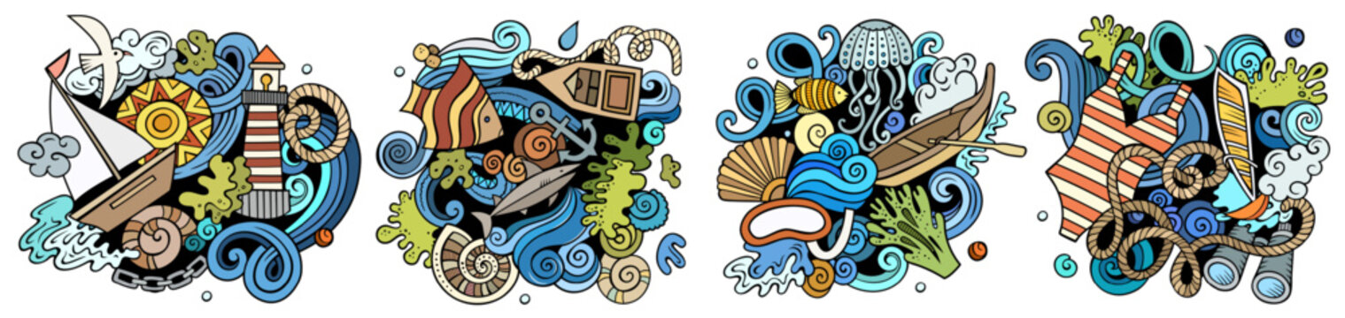 Marine cartoon vector doodle designs set. Colorful detailed compositions with lot of maritime objects and symbols. Isolated on white illustrations