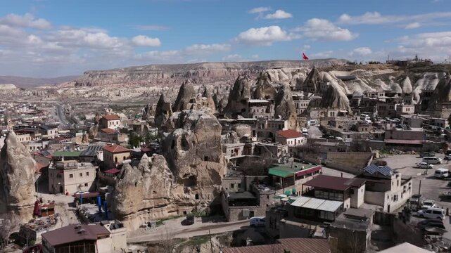 Drone view of G&ouml;reme, a historic town in Cappadocia famous for its fairy chimneys, cave houses and unique volcanic landscape.