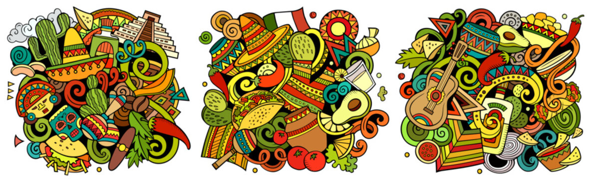 Mexico cartoon vector doodle designs set. Colorful detailed compositions with lot of Mexican objects and symbols. Authentic local cultures illustration