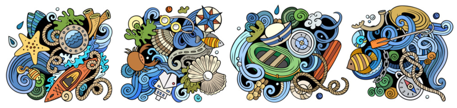 Marine cartoon vector doodle designs set. Colorful detailed compositions with lot of maritime objects and symbols. Isolated on white illustrations