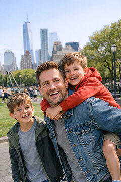 A father and his two sons smiling together on a sunny day.