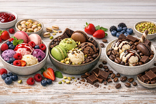 A vibrant assortment of desserts and fruits on a rustic wooden surface. Bowls filled with ice cream and fruit toppings create an inviting scene.