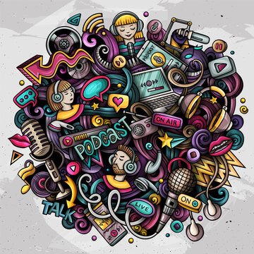 Cartoon vector Podcast doodle illustration features a variety of Audio Content objects and symbols. Bright colors whimsical funny picture.