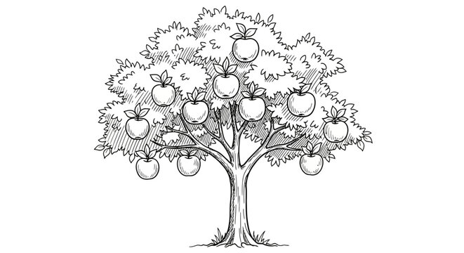 A detailed sketch of a large, fruit-bearing apple tree, showcasing its branches laden with ripe apples, rendered in a clean, black and white illustration style