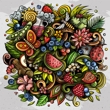 Summer nature hand drawn cartoon doodle illustration. Funny seasonal design. Creative vector background. Handwritten text with summertime elements and objects. Colorful composition